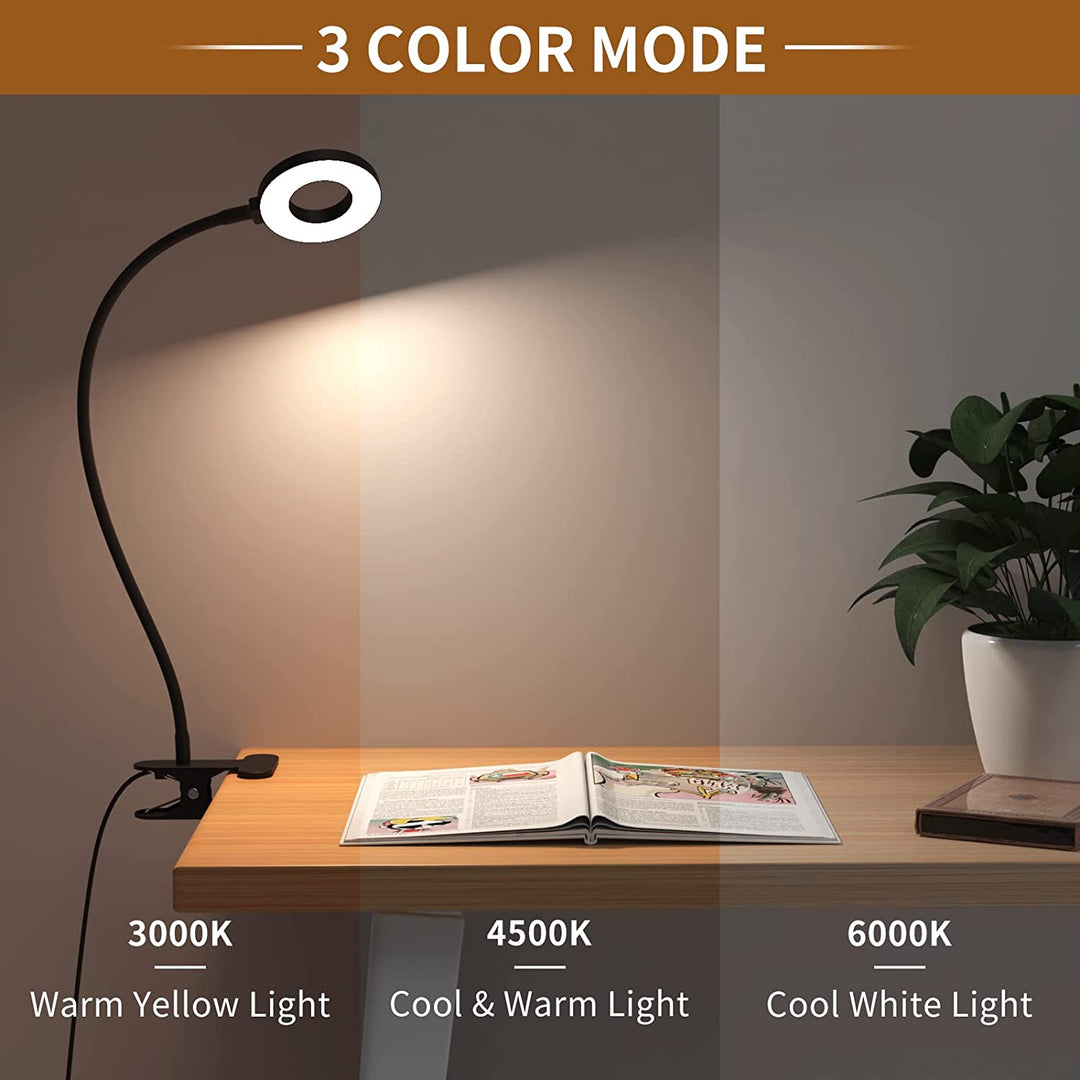 Desk Lamp, [3 Color Modes & 10 Brightness] LED Reading Light with Clamp, Flexible Gooseneck Book Light for Kids Reading Book in Bed at Night Clip on Table, Headboard, Dorm - 15.8‘’ Black
