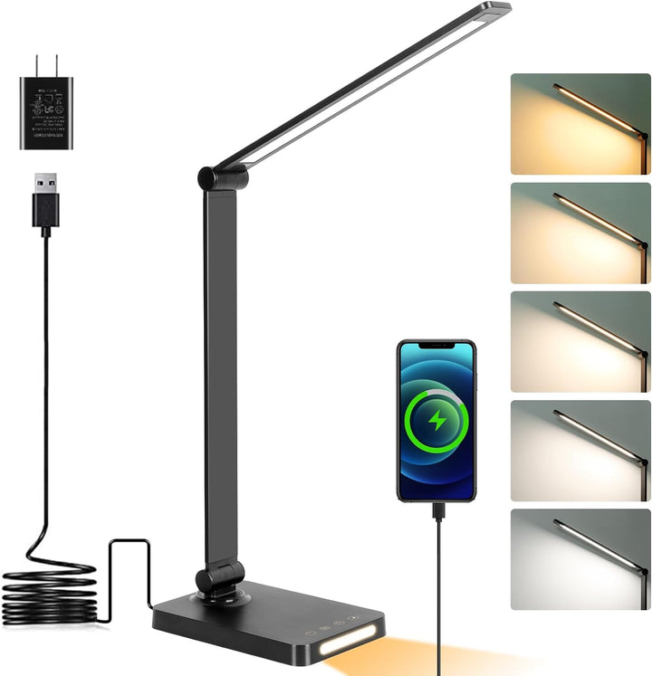 LED Desk Lamp with USB Ports,Touch Desk Lamps for Home Office with 5 Color Modes,3 Brightness Desk Light with Small Night Light,Reading Lamp Table Lamp for Bedroom Bedside Study Black （With Adapter）