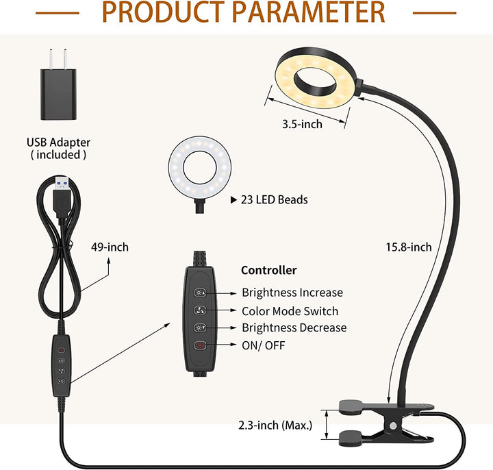 Desk Lamp, [3 Color Modes & 10 Brightness] LED Reading Light with Clamp, Flexible Gooseneck Book Light for Kids Reading Book in Bed at Night Clip on Table, Headboard, Dorm - 15.8‘’ Black
